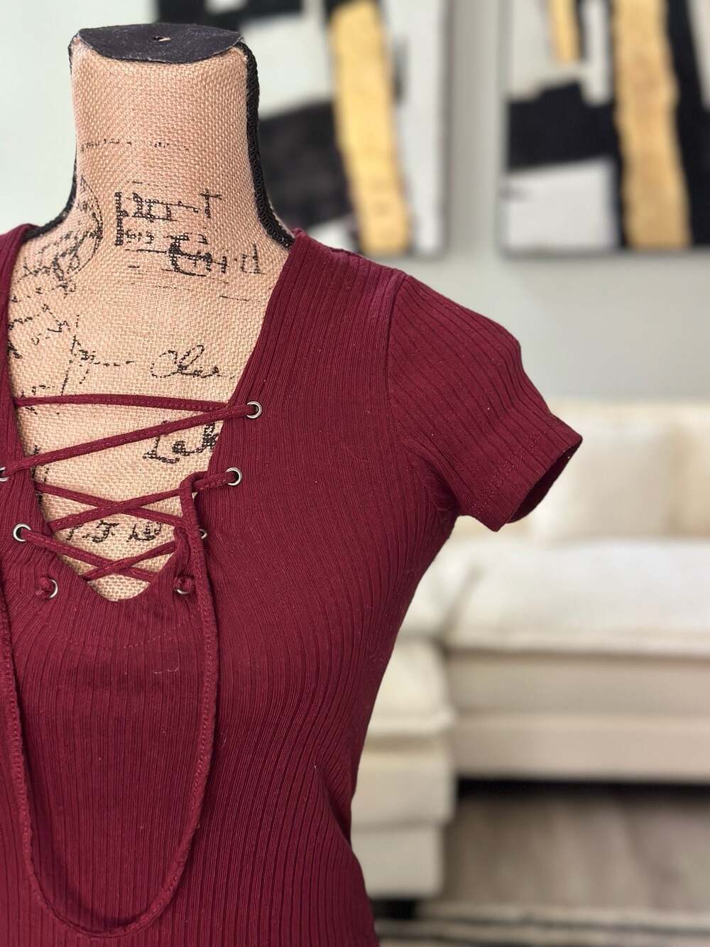 rue21 Ribbed Lace-Up Front Short Sleeve Bodysuit in Burgundy - Picture 3 of 6